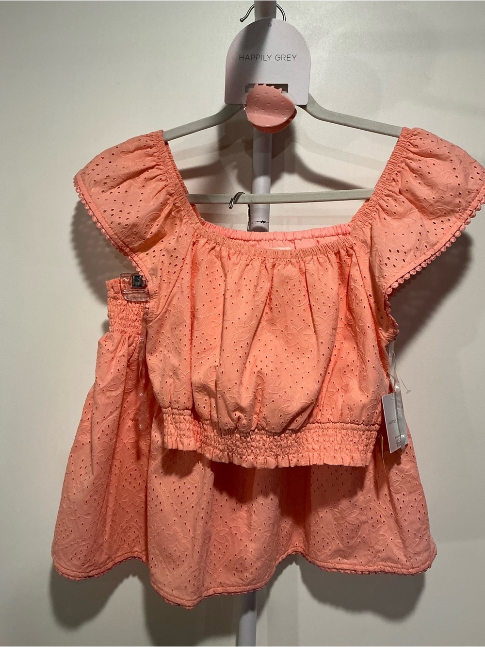 Happily Grey Peach Eyelet Off-Shoulder Crop Top and Skirt Set